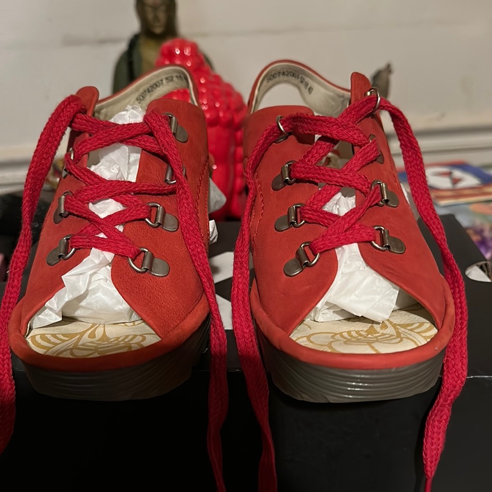Fly London, red sandals.